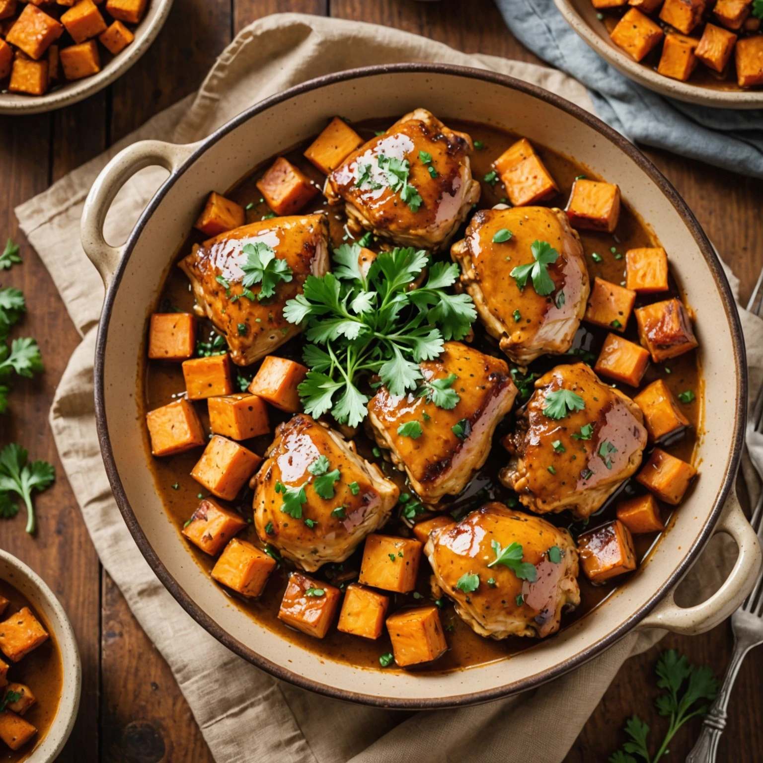 Slow Cooker Maple Dijon Chicken Thighs with Roasted Sweet Potatoes
