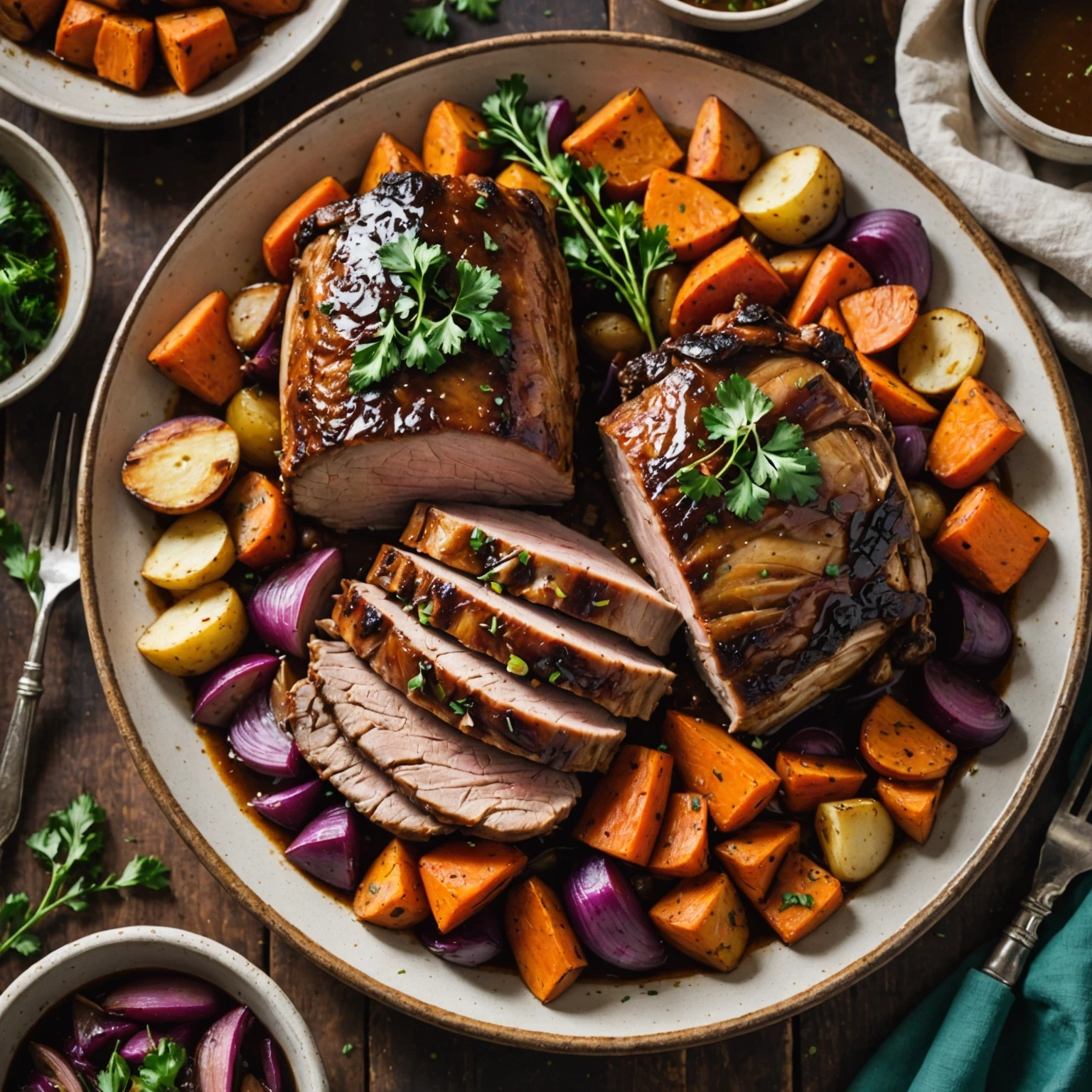 Slow Cooker Maple Balsamic Glazed Pork Shoulder with Roasted Root Vegetables