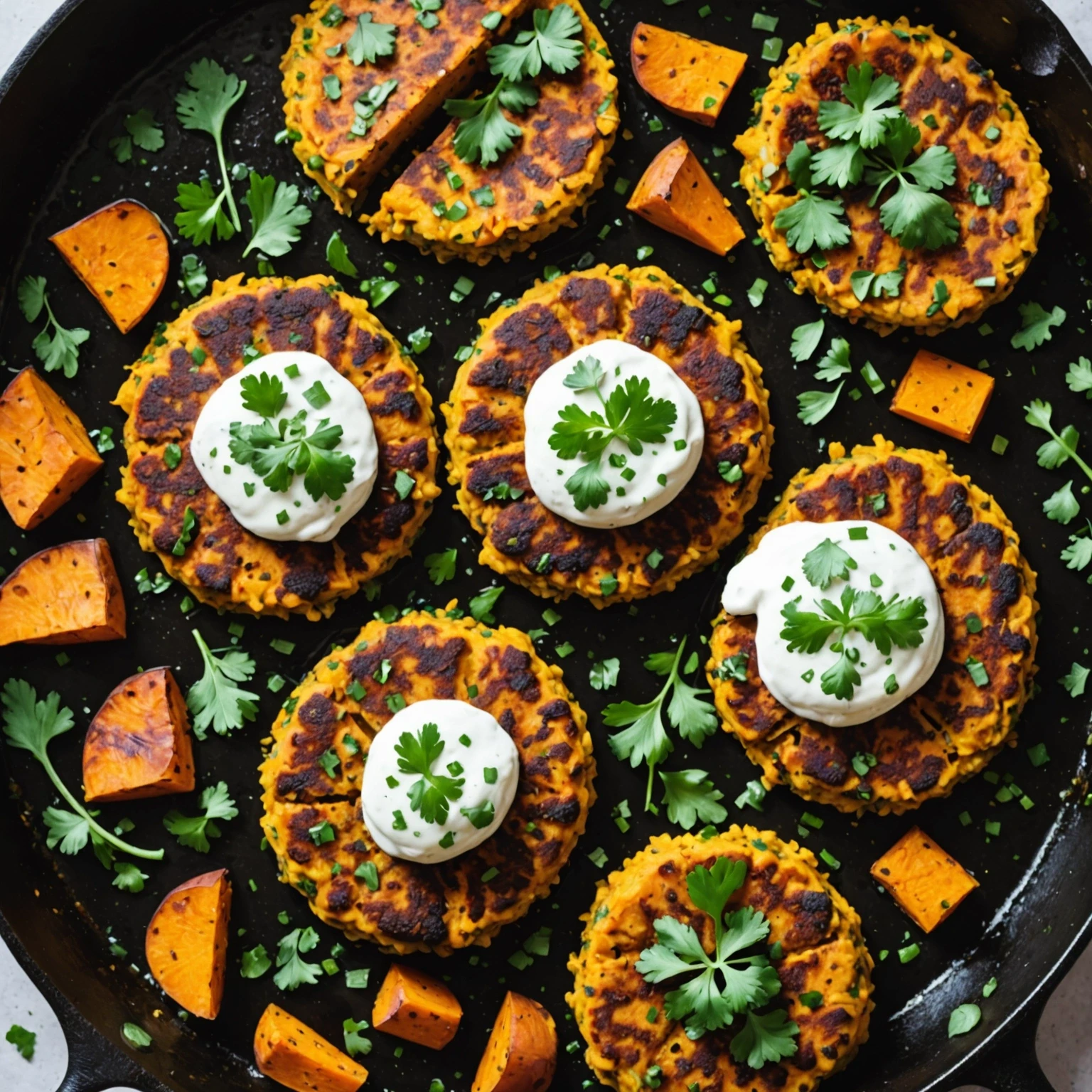 Skillet Spiced Lentil and Sweet Potato Patties with Cilantro Yogurt Sauce
