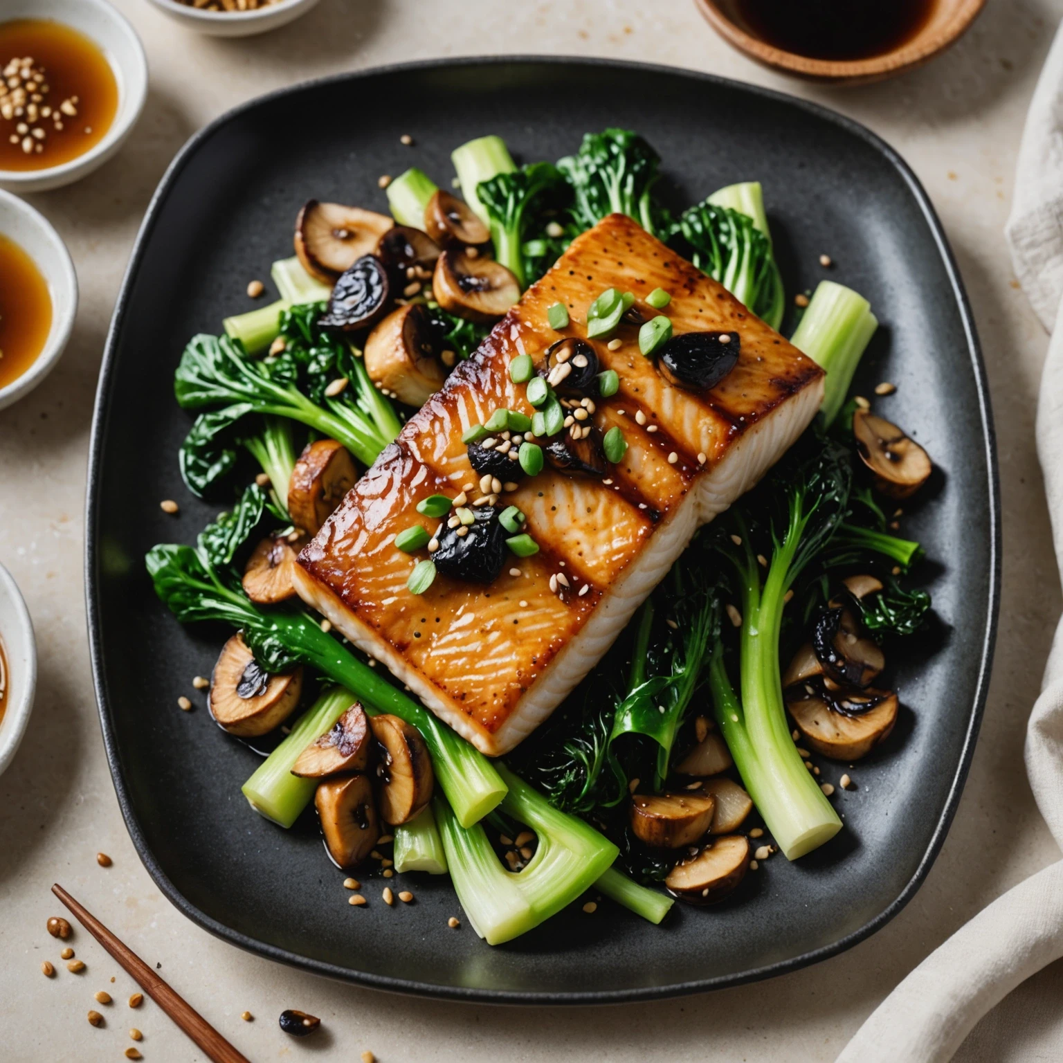 Close-up of miso-glazed black cod on a sheet pan with bok choy and shiitake mushrooms, highlighting the rich umami flavors in simple one-pan cooking