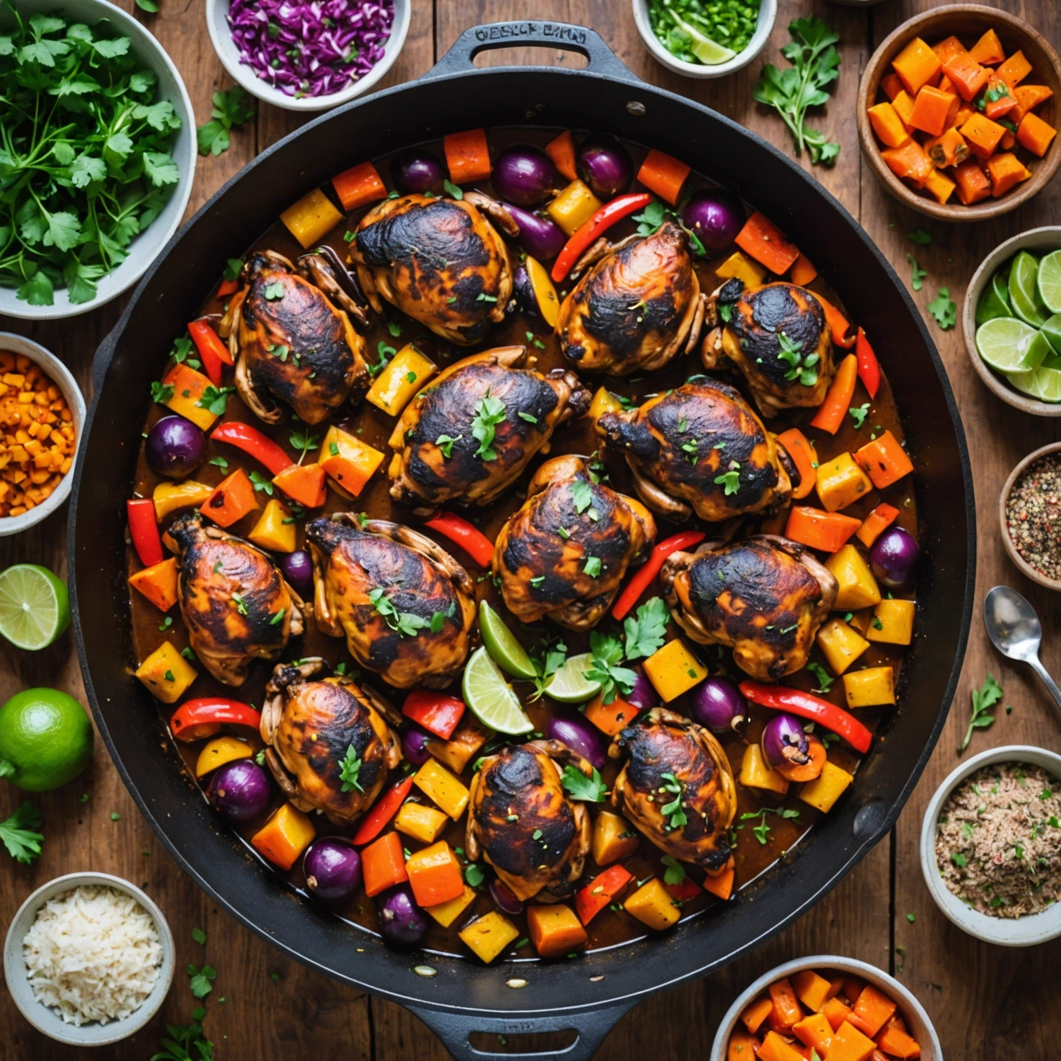 Colorful one-pot Caribbean Jamaican jerk chicken in a skillet with fresh root vegetables, lime wedges, and jerk spice blends on a wooden table, conveying bold global spices