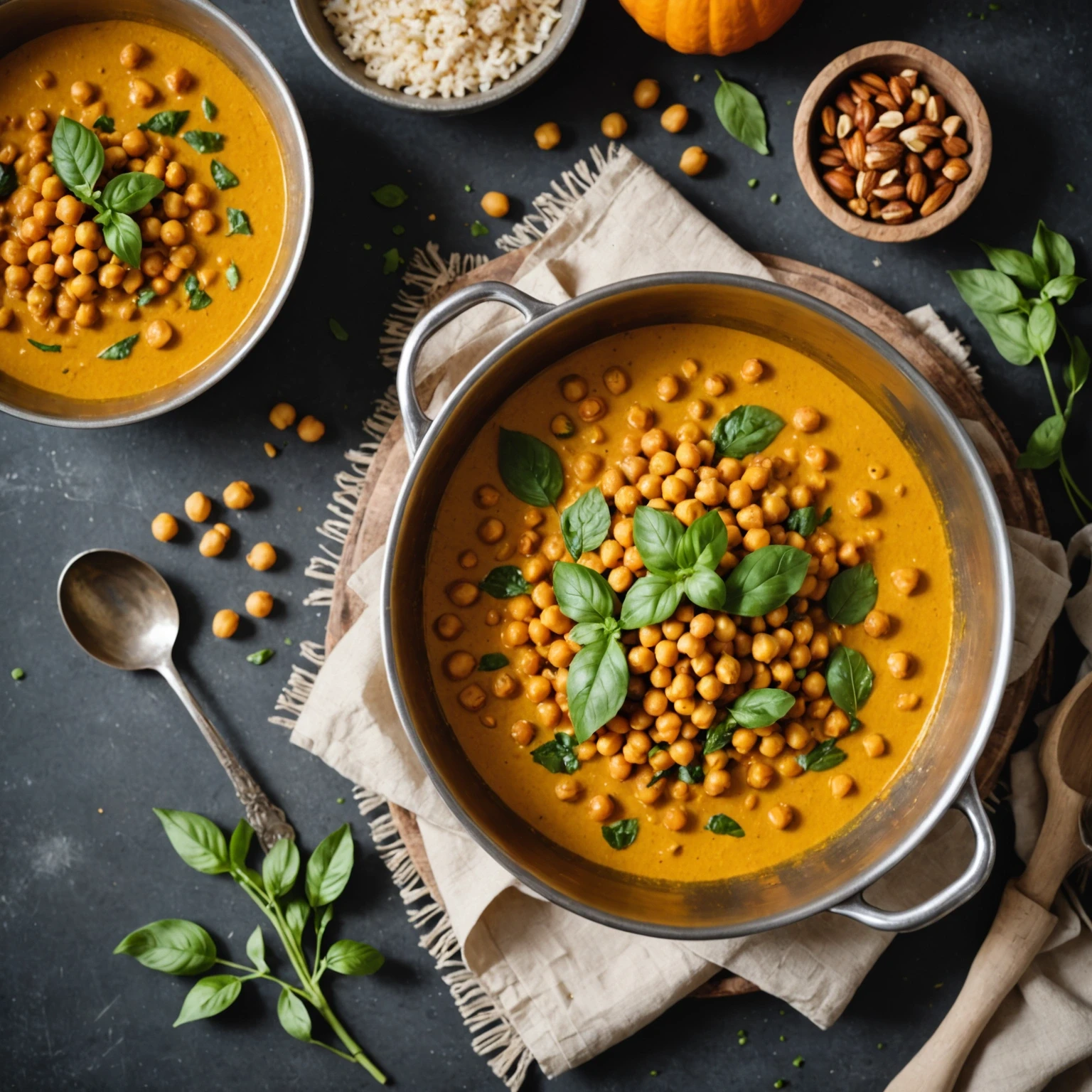 Steaming bowl of one-pot chickpea and pumpkin coconut curry garnished with fresh herbs, with spices and herbs arranged in the background, illustrating nutritious global flavors