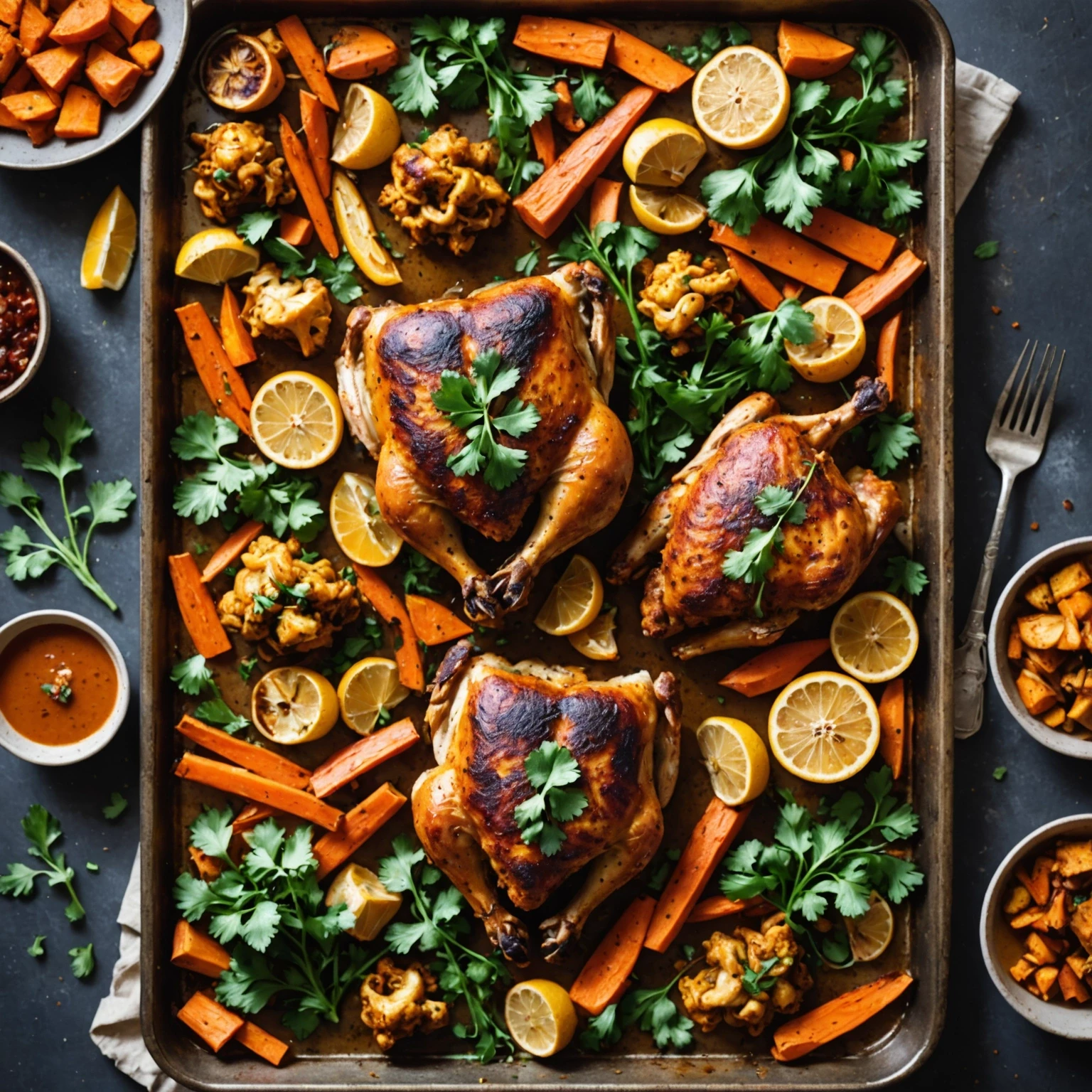 One-Pan Spicy Harissa Chicken with Roasted Cauliflower and Carrots