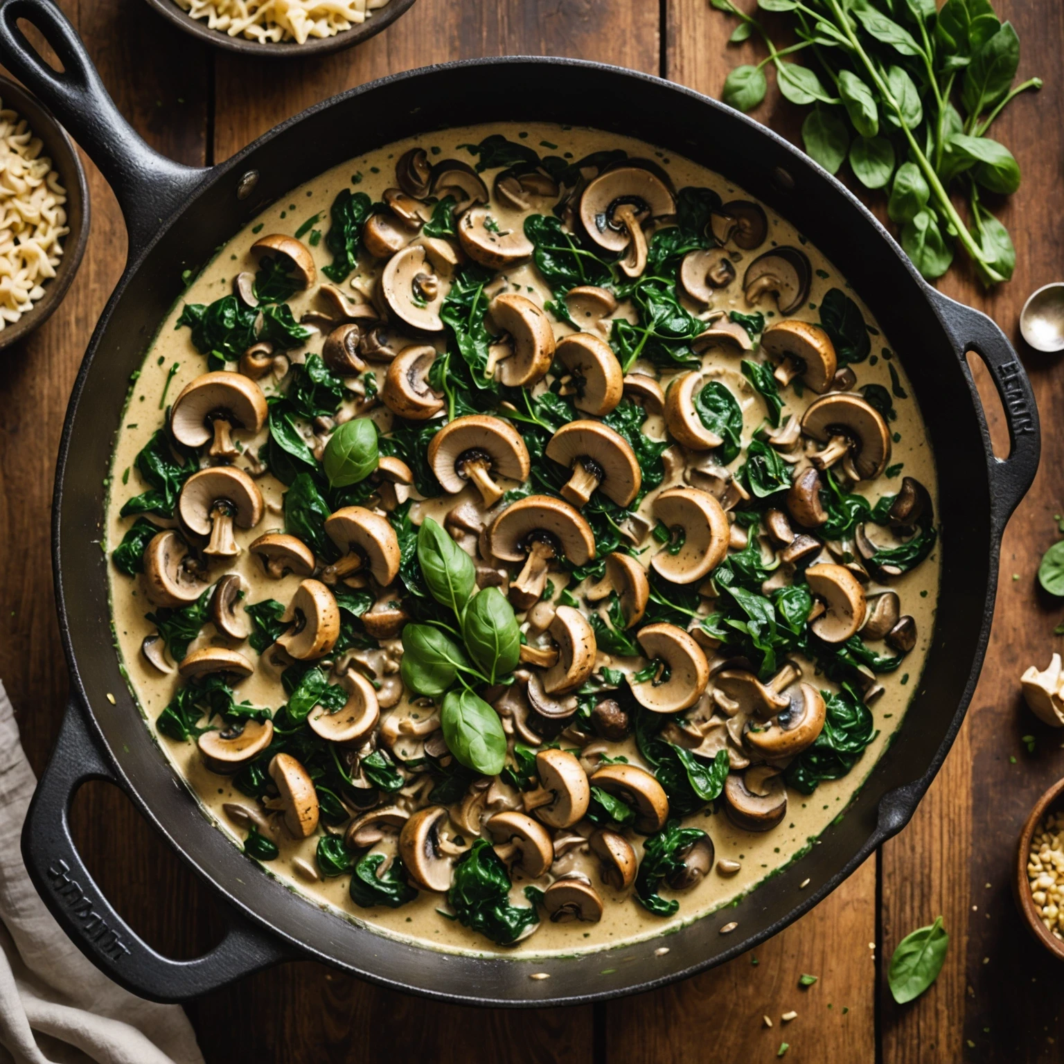 Creamy mushroom and spinach stroganoff simmering in a cast iron pot, showing layered textures and fresh herbs on a wooden countertop