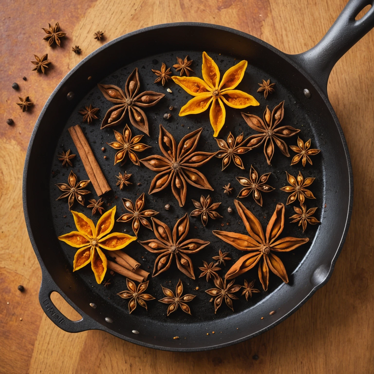 Close-up of whole and ground spices blooming in hot oil in a non-stick skillet with warm natural lighting in a modern kitchen