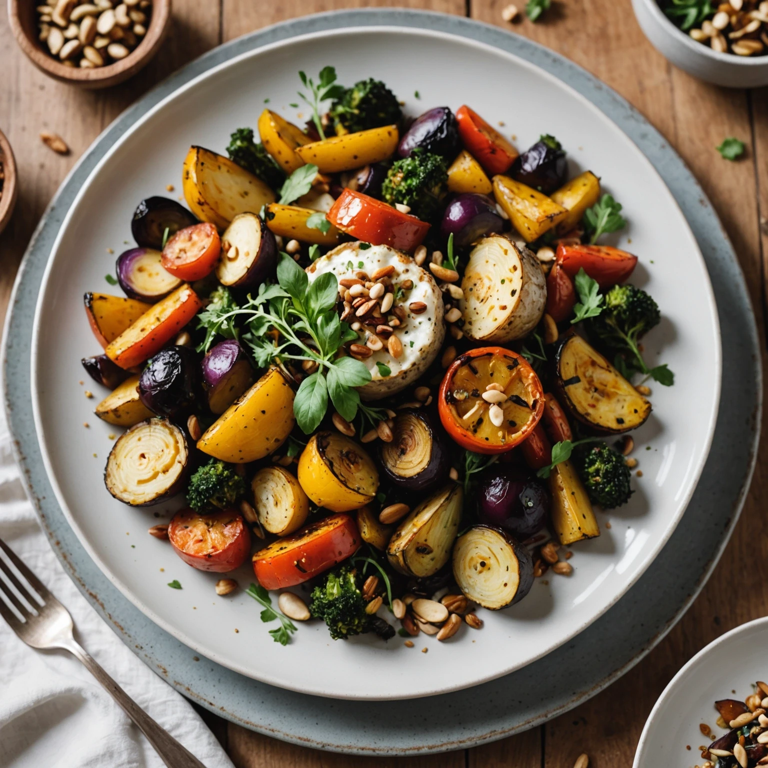 Plated one-pot meal with roasted vegetables, garnished with toasted nuts and fresh herbs, displaying texture and vibrant colors on a wooden table