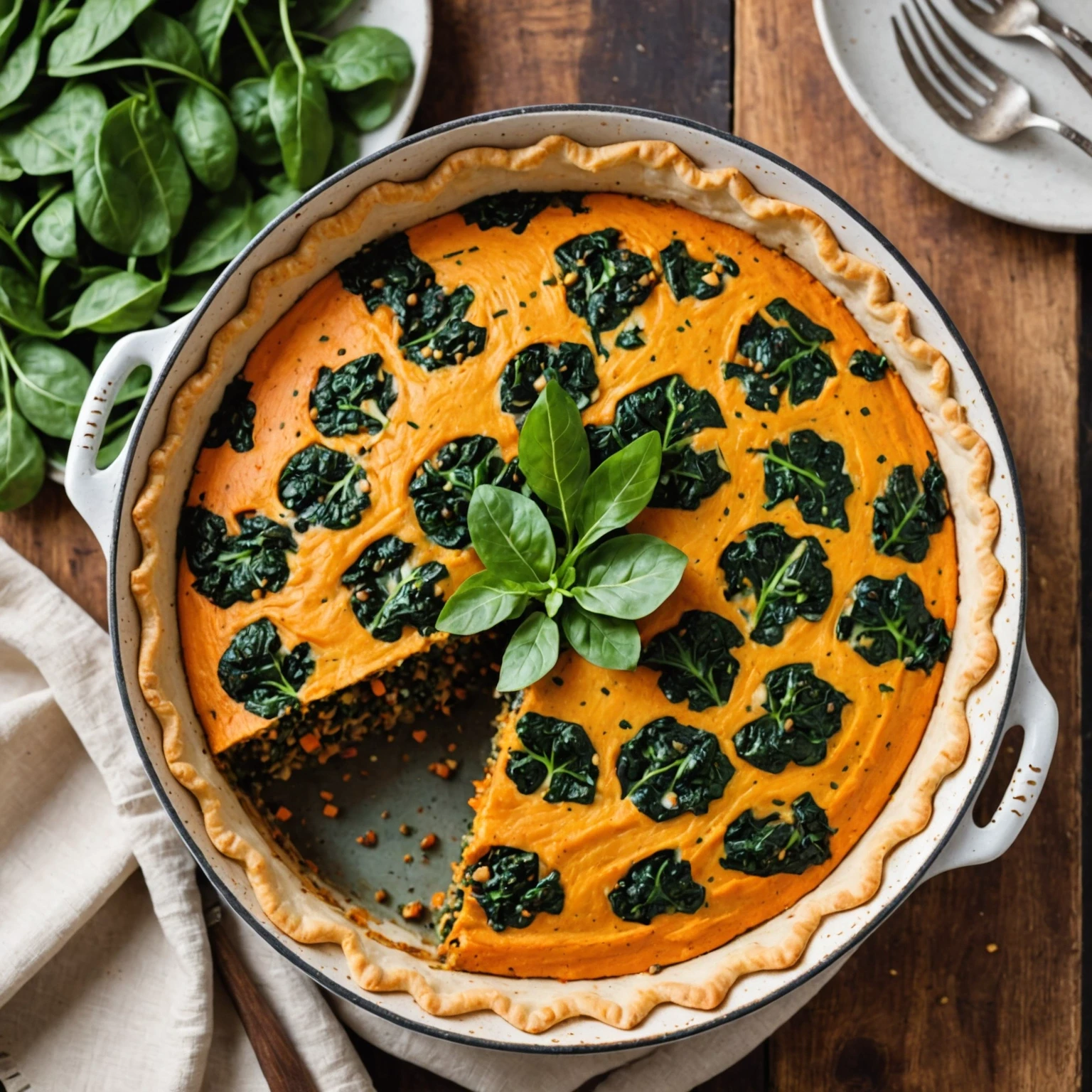 Casserole Layered Sweet Potato, Lentil, and Spinach Pie