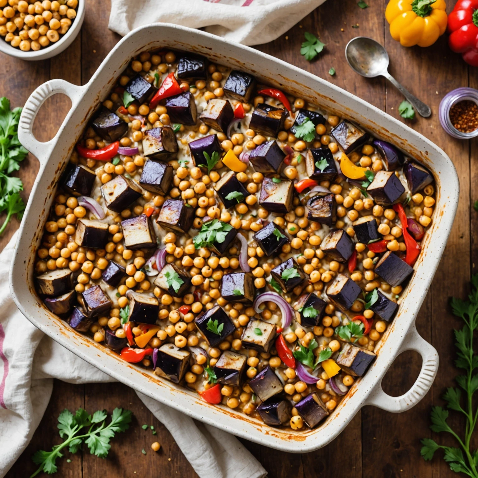 Casserole Mediterranean Eggplant and Chickpea Bake with Tahini Drizzle