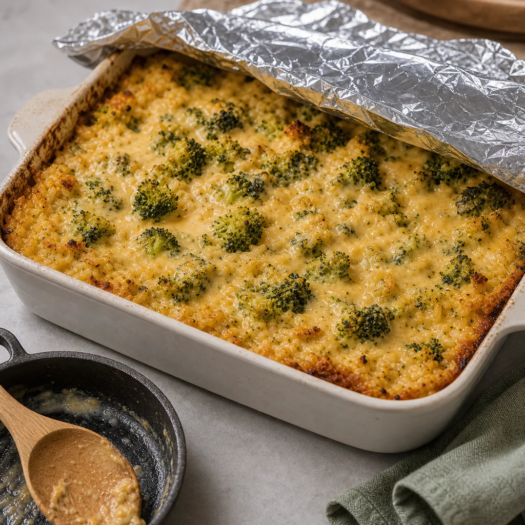 Cheesy Broccoli and Rice Casserole baking in a casserole dish