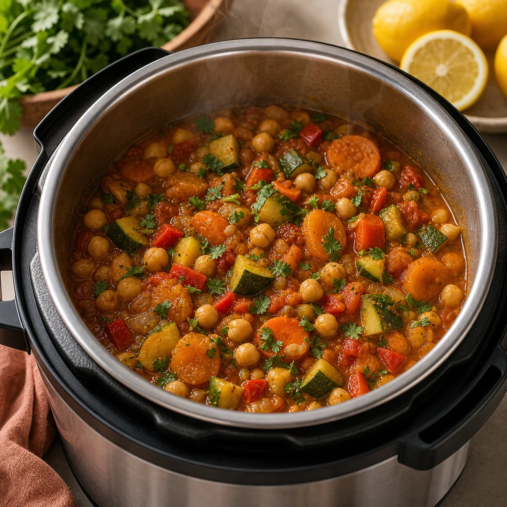 Instant Pot Moroccan Chickpea Stew cooking in the recommended pan or pot