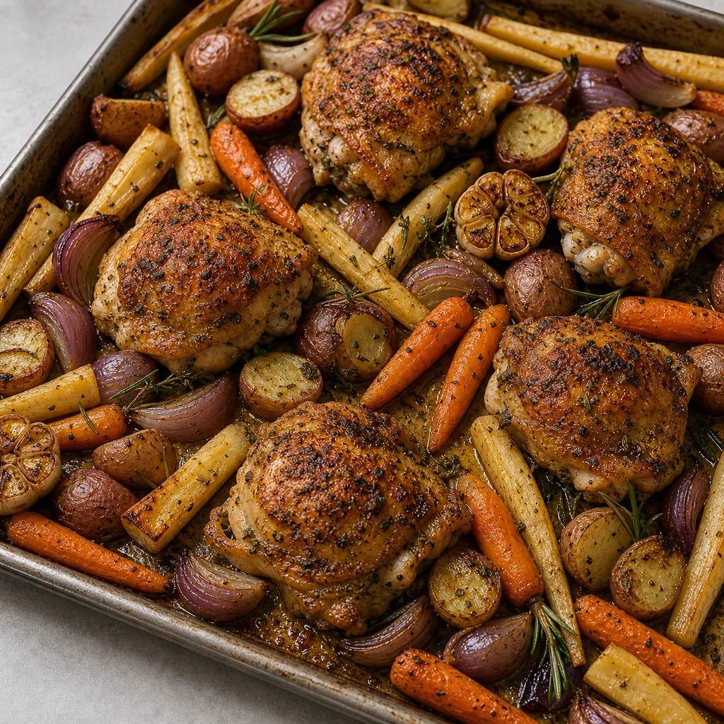 One-Pan Herb-Roasted Chicken with Root Vegetables cooking in the recommended pan or pot