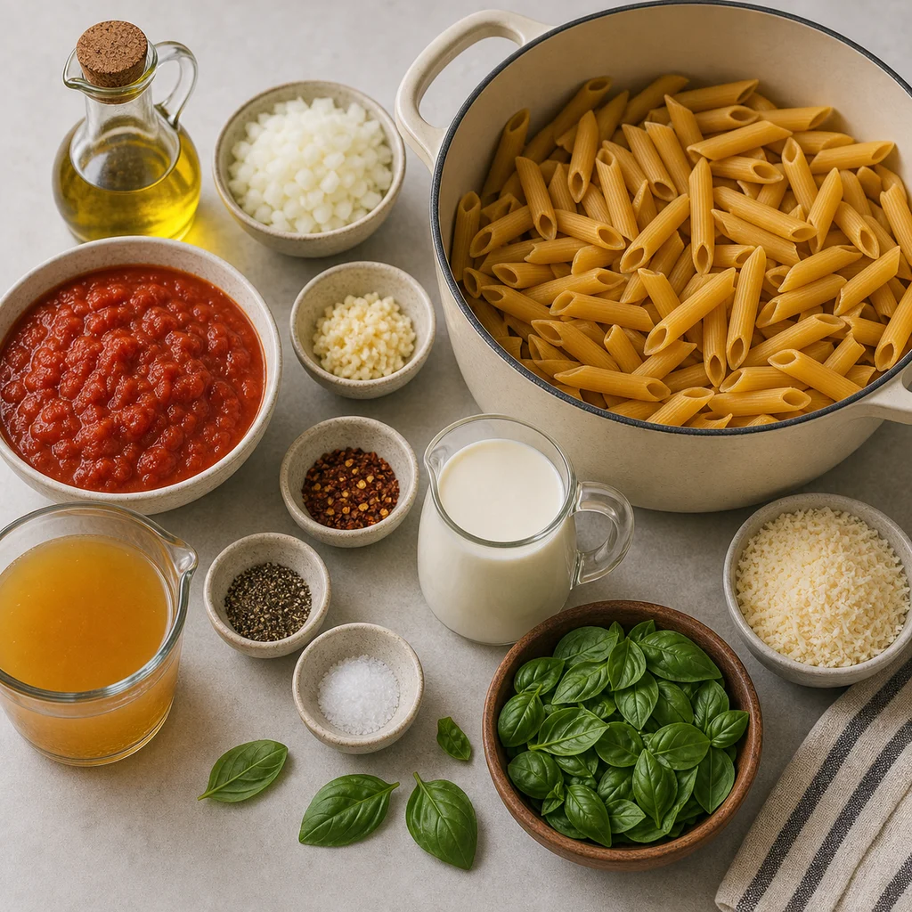 Ingredients for One-Pot Creamy Tomato Basil Pasta