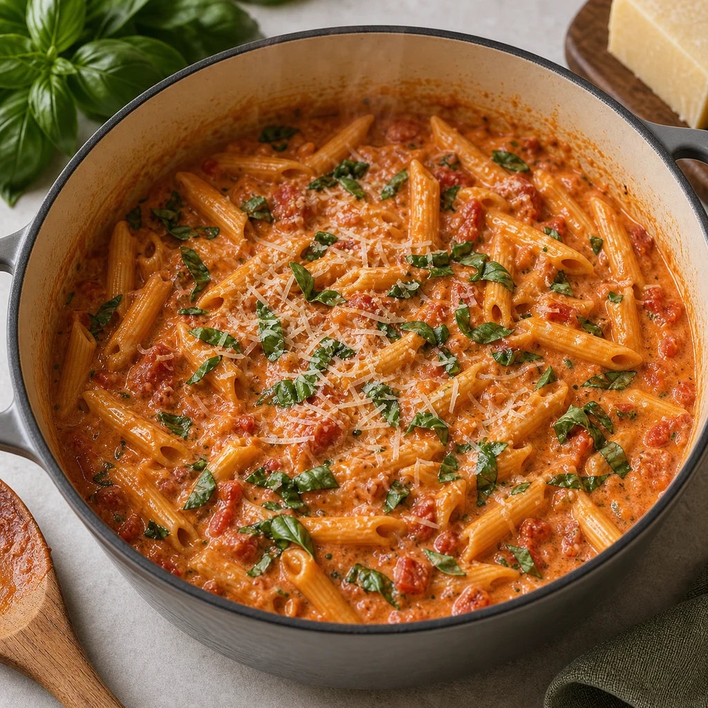 One-Pot Creamy Tomato Basil Pasta cooking in the recommended pan or pot