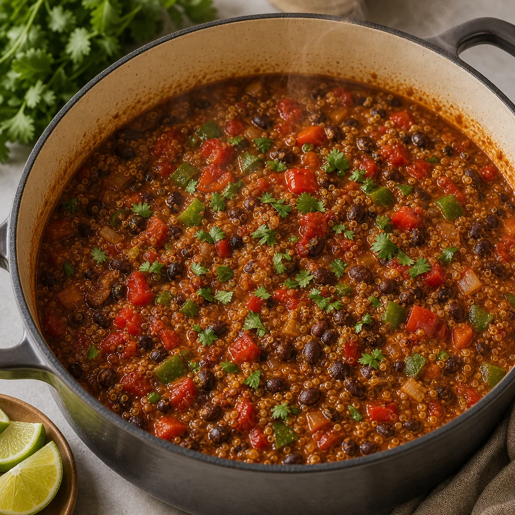 One-Pot Vegan Quinoa and Black Bean Chili cooking in the recommended pan or pot