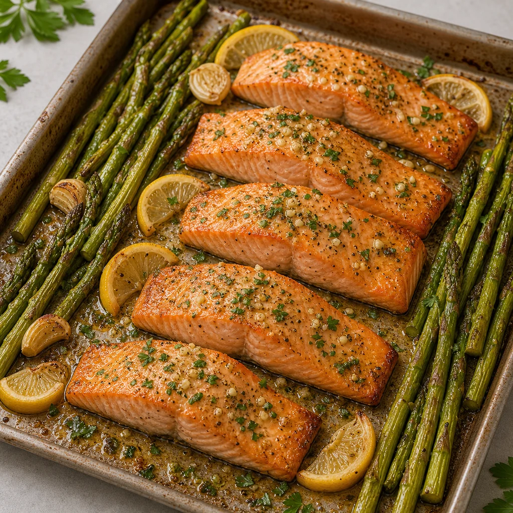 Sheet Pan Lemon Garlic Salmon with Asparagus cooking in the recommended pan or pot