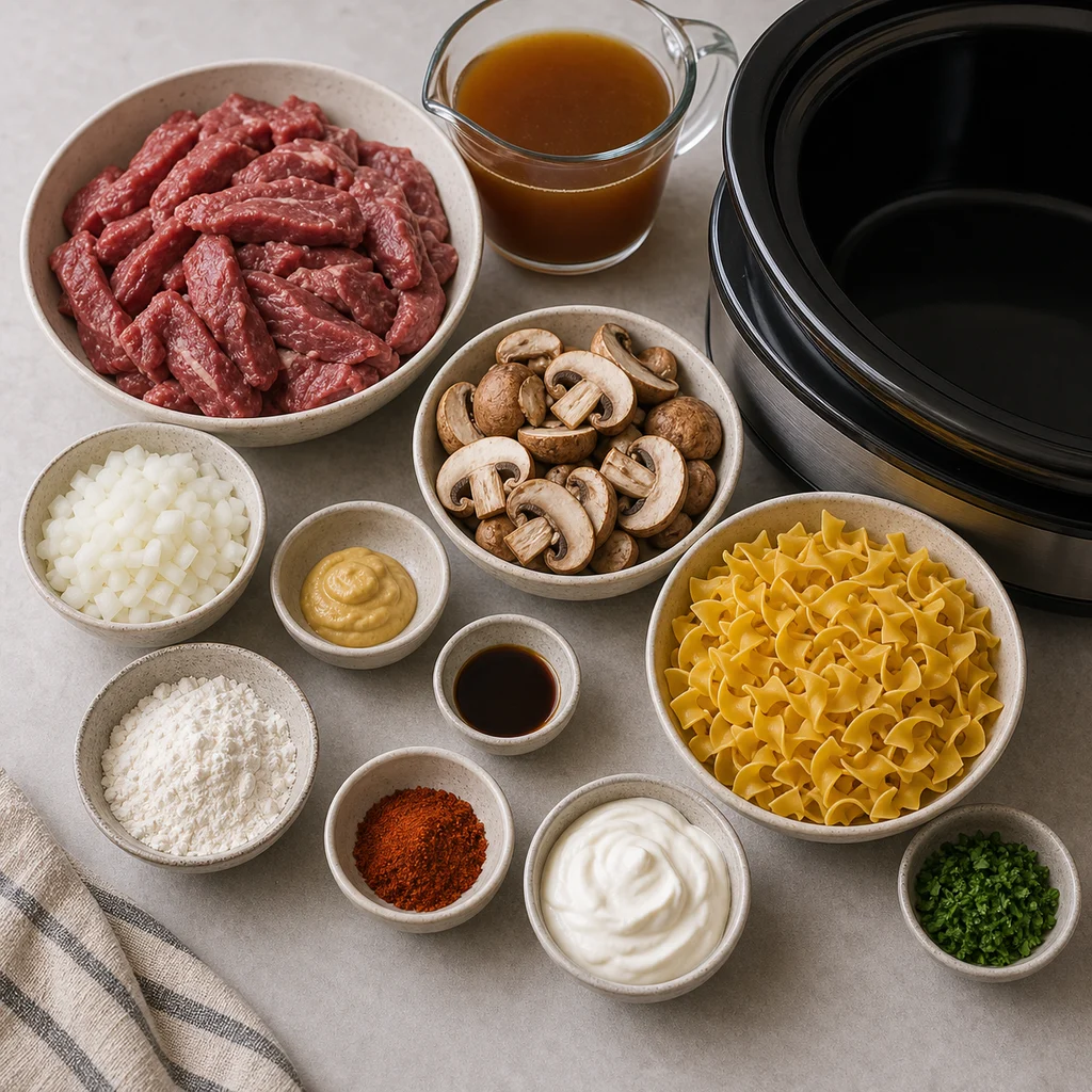 Ingredients for Slow Cooker Beef Stroganoff with Mushrooms and Egg Noodles
