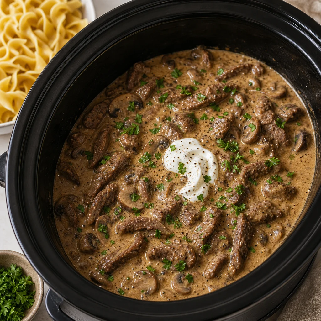 Slow Cooker Beef Stroganoff with Mushrooms and Egg Noodles cooking in the recommended pan or pot