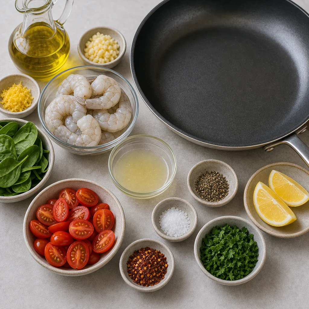 Ingredients for Skillet Lemon Garlic Shrimp with Spinach and Tomatoes