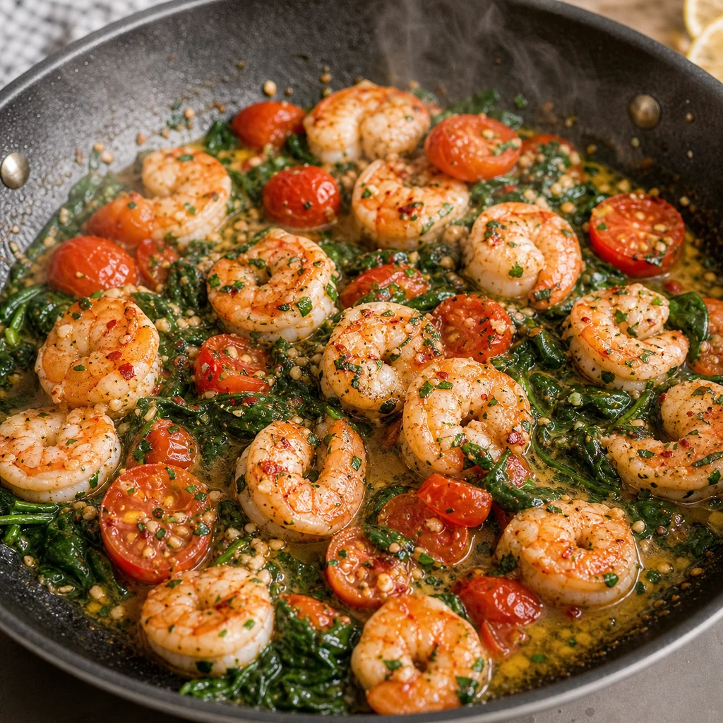 Skillet Lemon Garlic Shrimp with Spinach and Tomatoes cooking in the recommended pan or pot