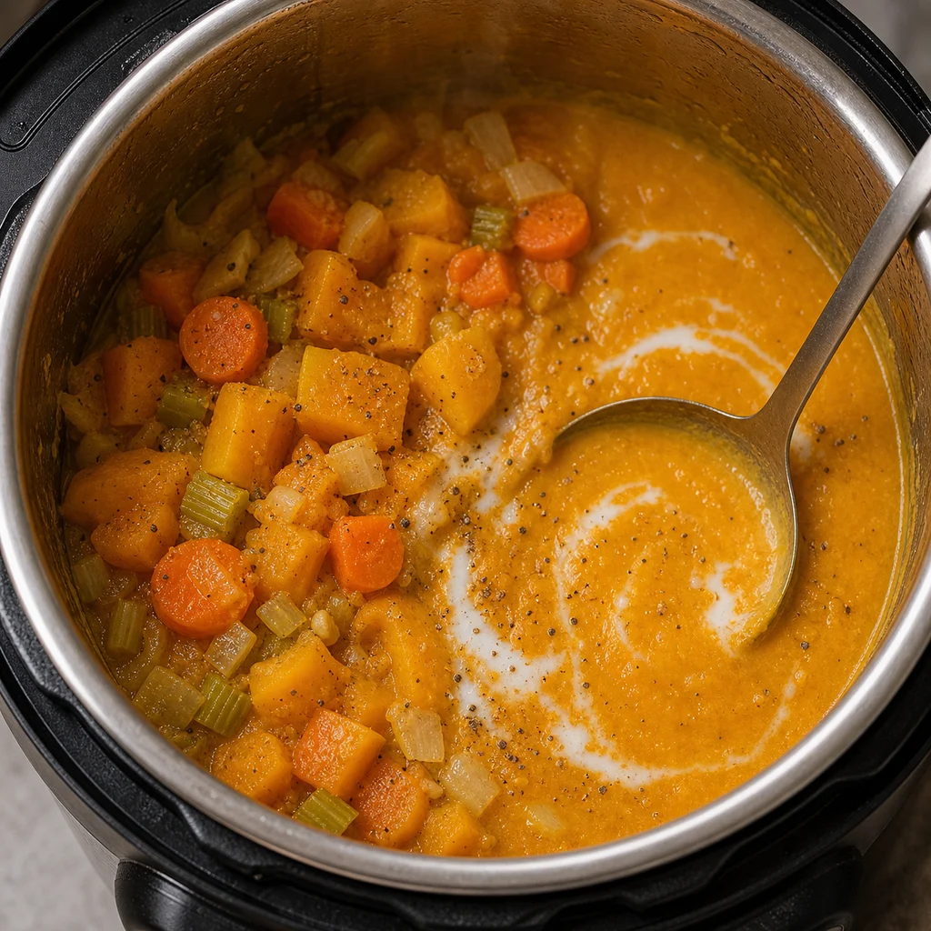 Instant Pot Creamy Butternut Squash Soup cooking in the recommended pan or pot