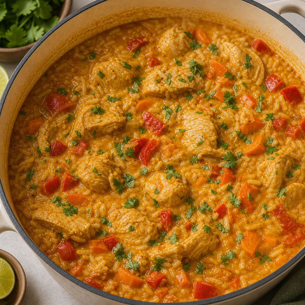 One-Pot Creamy Coconut Curry Chicken and Rice cooking in the recommended pan or pot