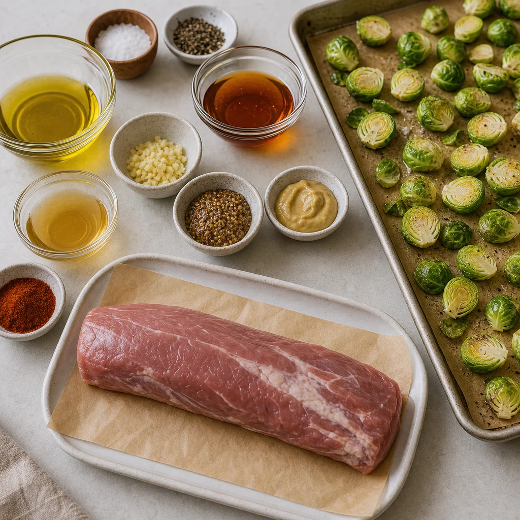 Ingredients for Sheet Pan Maple Mustard Glazed Pork Tenderloin with Roasted Brussels Sprouts