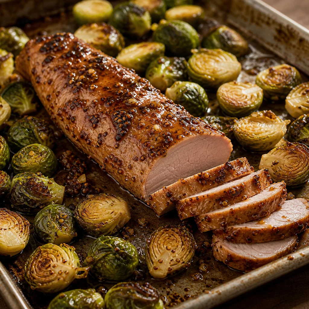 Sheet Pan Maple Mustard Glazed Pork Tenderloin with Roasted Brussels Sprouts cooking in the recommended pan or pot