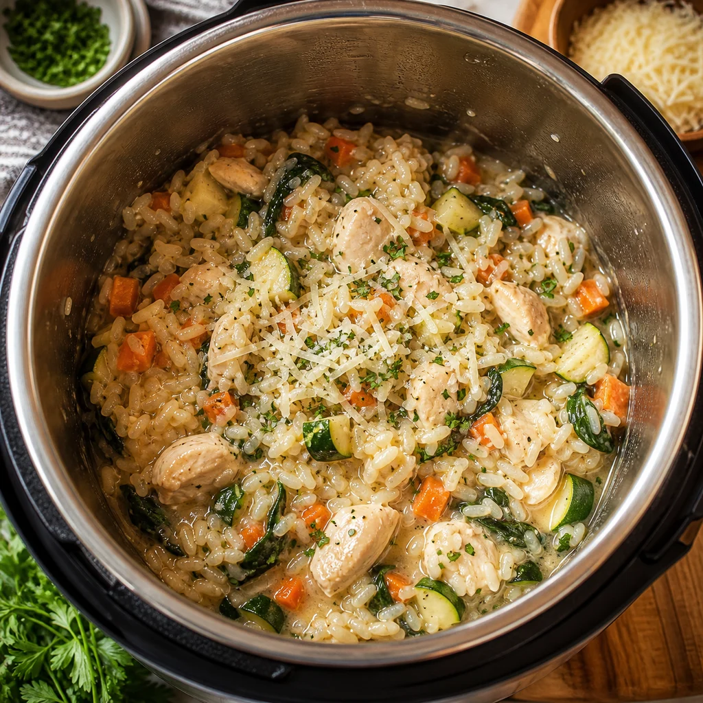 Instant Pot Chicken and Vegetable Risotto cooking in the recommended pan or pot