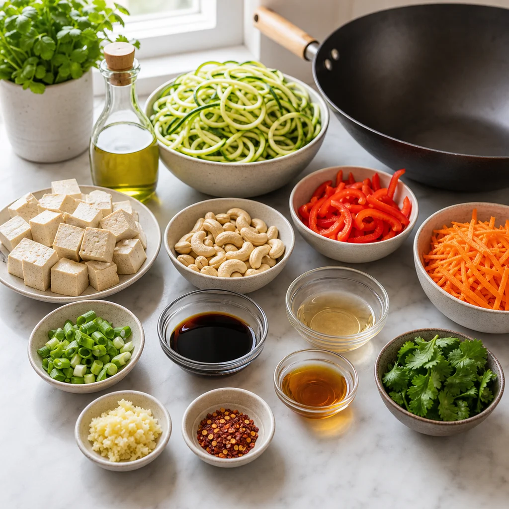 Ingredients for Low-Carb Zucchini Noodle Stir-Fry with Tofu and Cashews