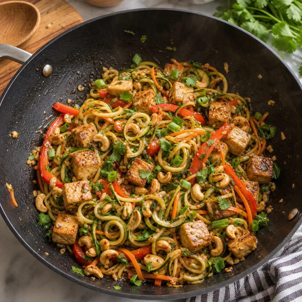 Low-Carb Zucchini Noodle Stir-Fry with Tofu and Cashews cooking in the recommended pan or pot