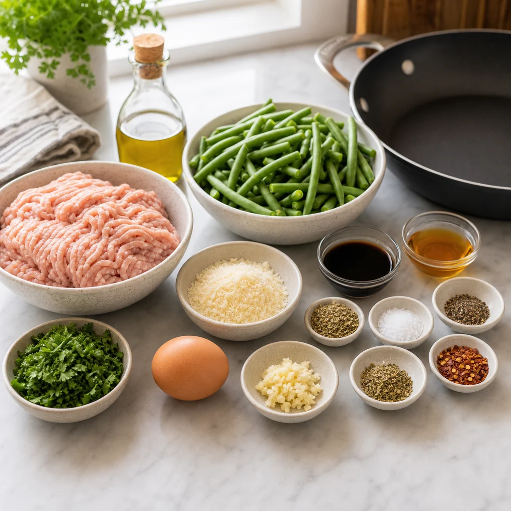 Ingredients for One-Pan Balsamic Glazed Turkey Meatballs with Green Beans