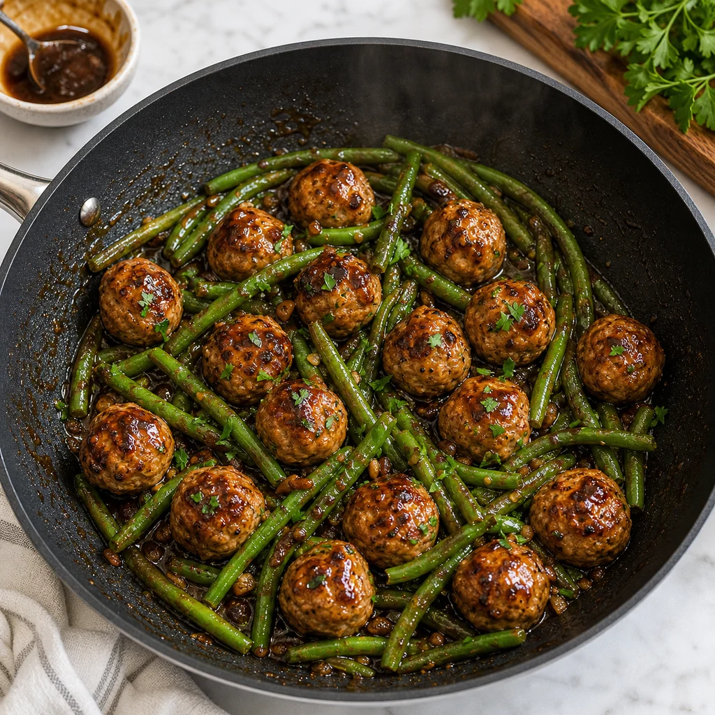 One-Pan Balsamic Glazed Turkey Meatballs with Green Beans cooking in the recommended pan or pot