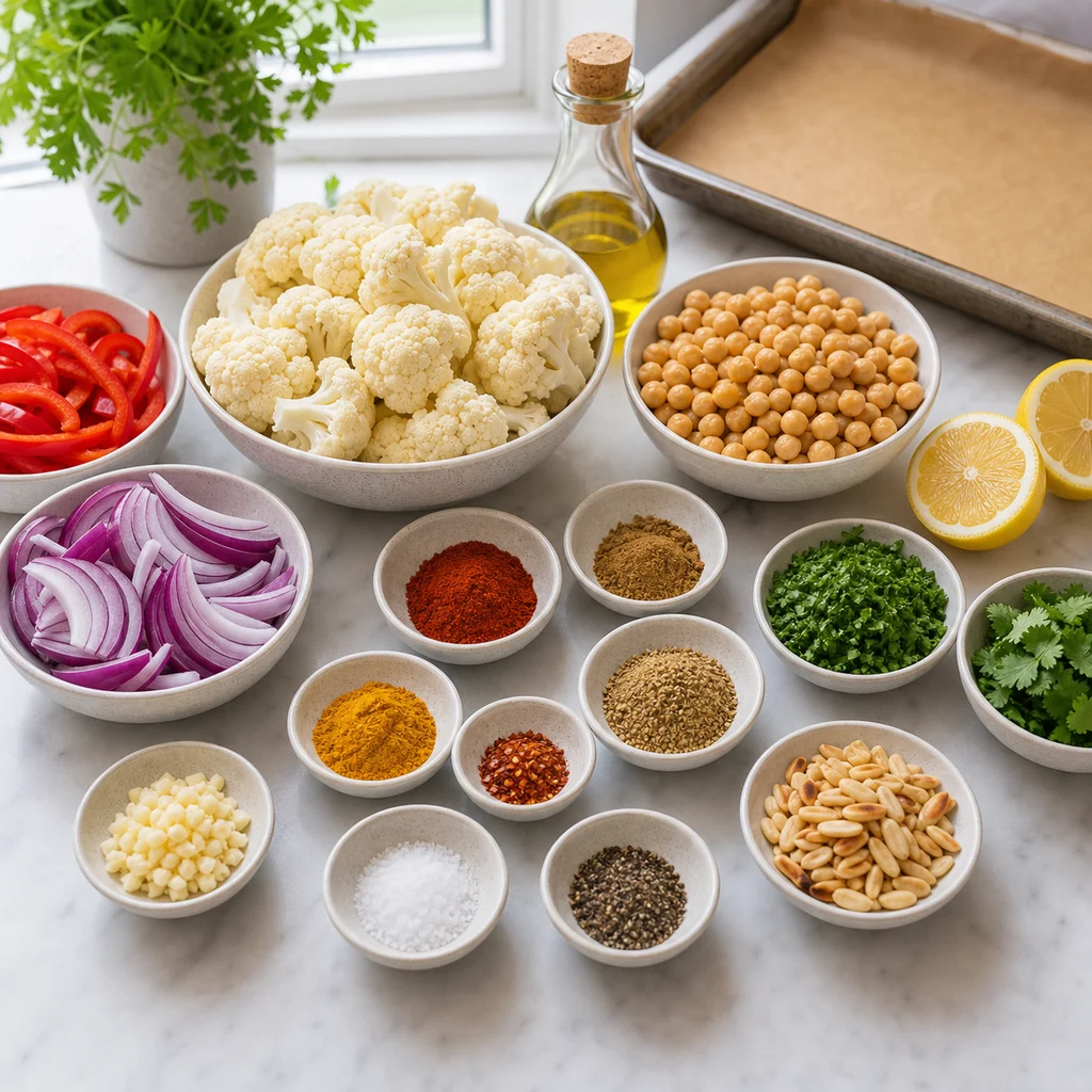 Ingredients for Seasonal Roasted Cauliflower and Chickpea Sheet Pan Dinner