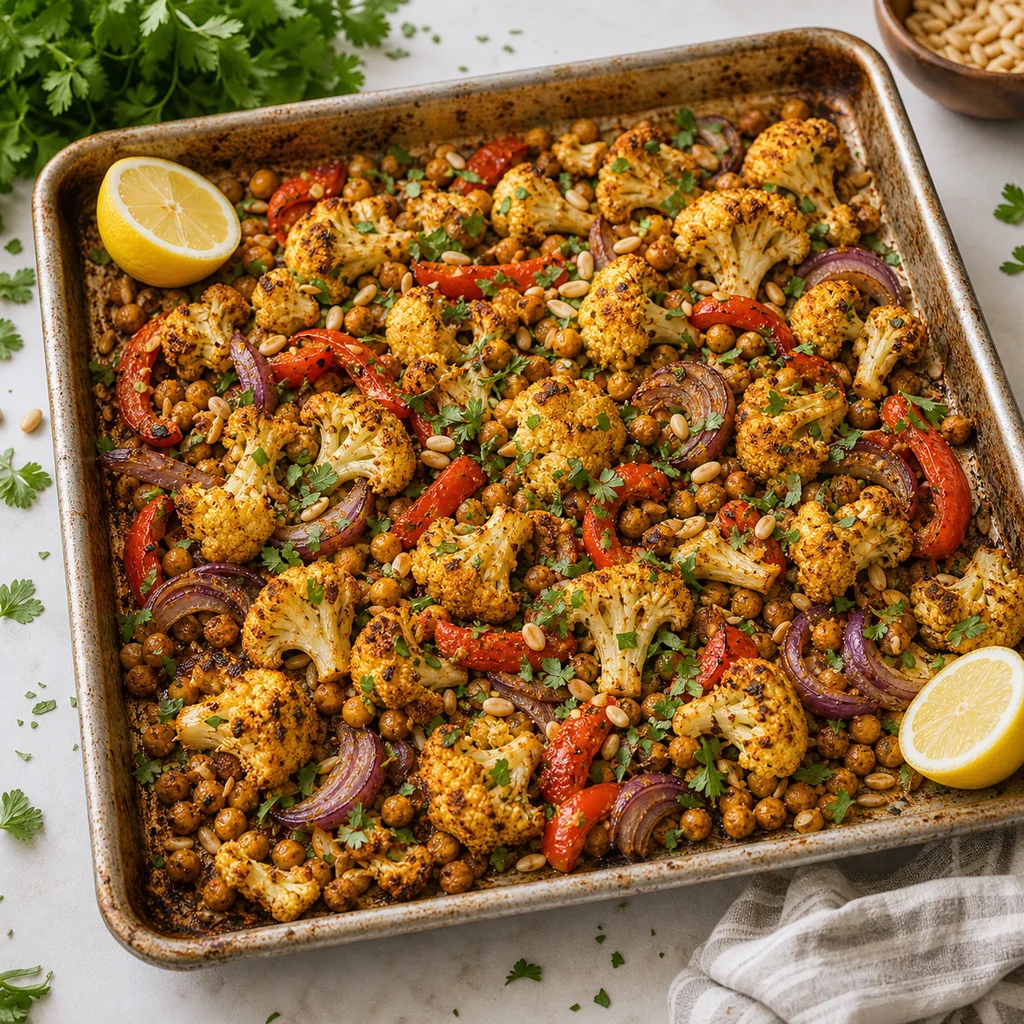 Seasonal Roasted Cauliflower and Chickpea Sheet Pan Dinner cooking in the recommended pan or pot