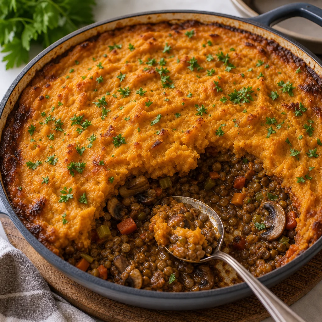 Hearty Lentil and Sweet Potato Shepherd’s Pie cooking in the recommended pan or pot
