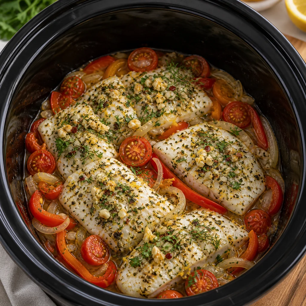 Slow Cooker Herb-Crusted Cod with Lemon and Garlic cooking in the recommended pan or pot