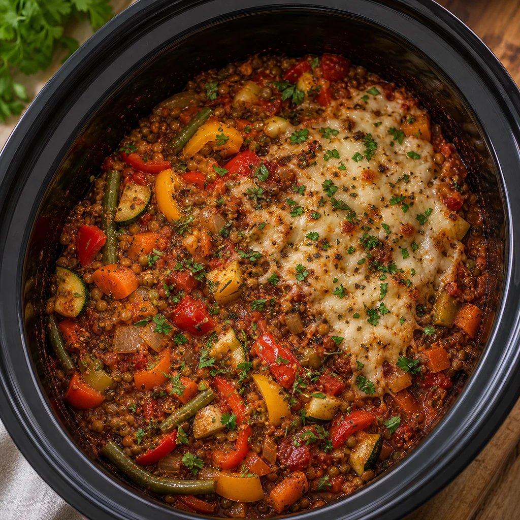 International Rustic Vegetable Bake cooking in the recommended pan or pot