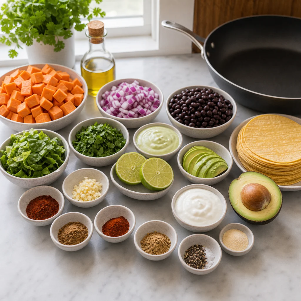 Ingredients for Skillet Sweet Potato and Black Bean Tacos with Avocado Lime Sauce