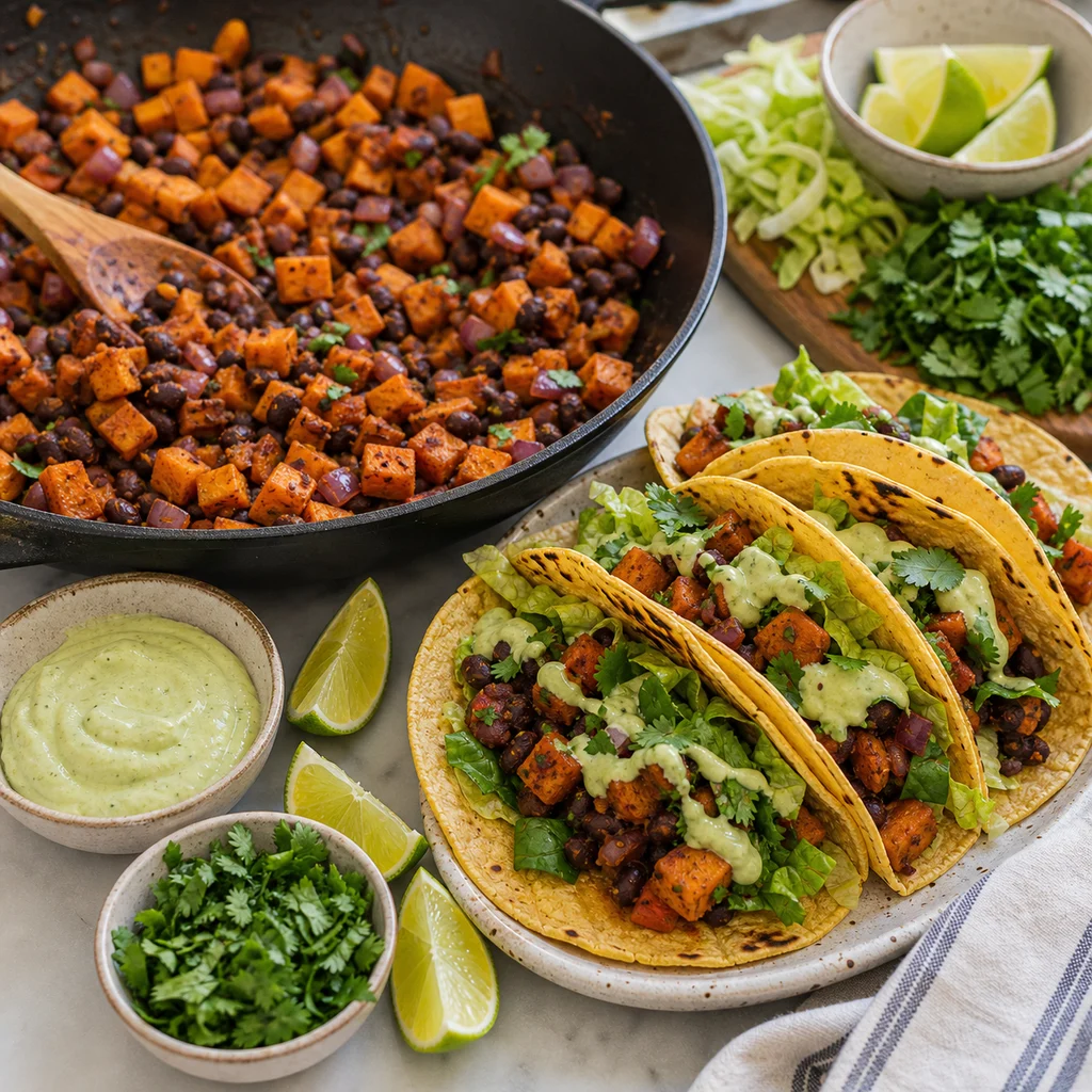 Skillet Sweet Potato and Black Bean Tacos with Avocado Lime Sauce cooking in the recommended pan or pot