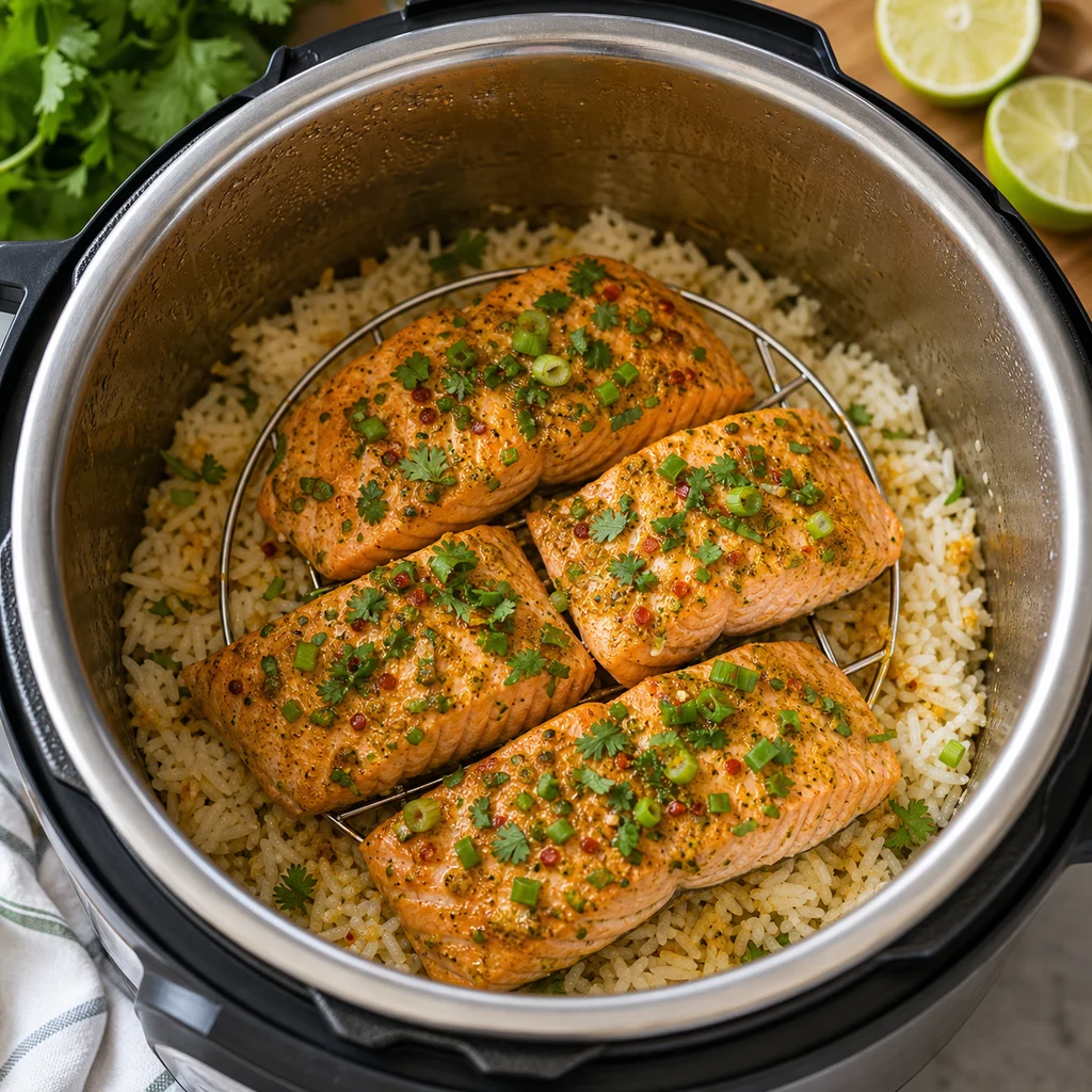 Instant Pot Thai Spiced Salmon with Coconut Rice cooking in the recommended pan or pot