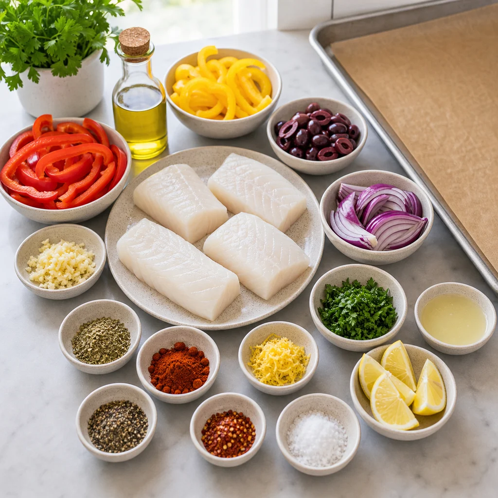 Ingredients for Sheet Pan Mediterranean Baked Cod with Roasted Pepper and Olive Medley