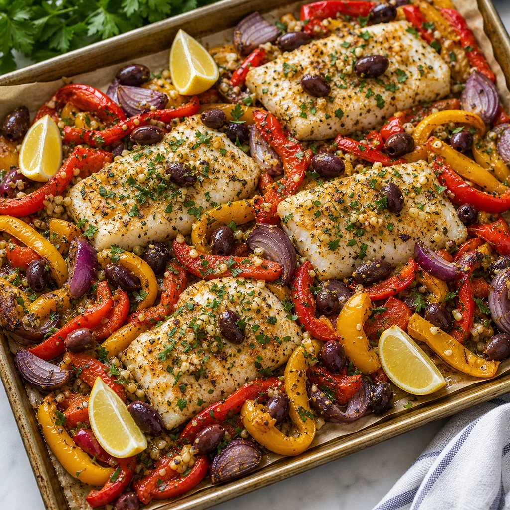 Sheet Pan Mediterranean Baked Cod with Roasted Pepper and Olive Medley cooking in the recommended pan or pot