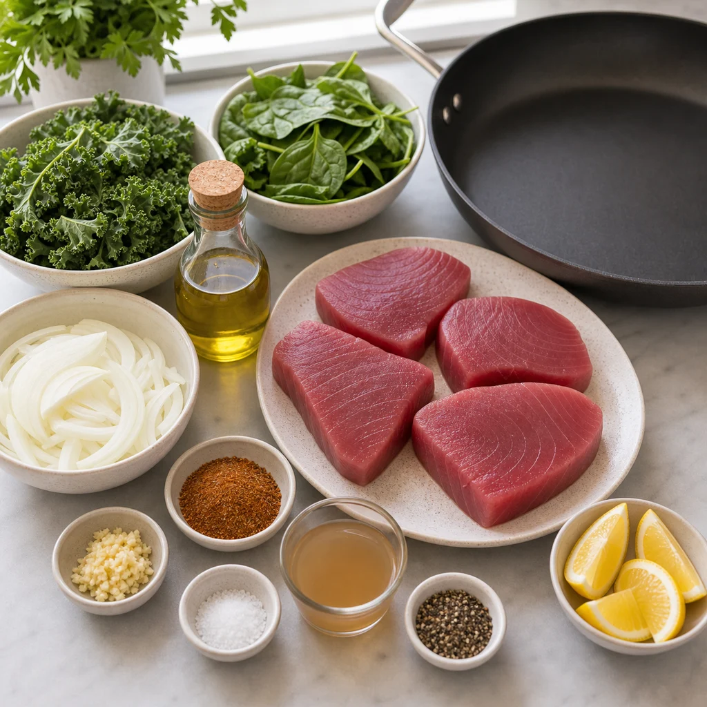 Ingredients for One-Pan Cajun-Spiced Seared Tuna with Sautéed Greens