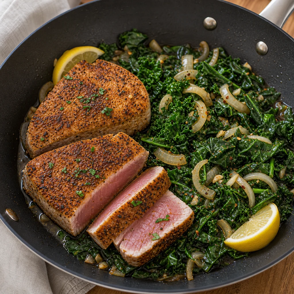 One-Pan Cajun-Spiced Seared Tuna with Sautéed Greens cooking in the recommended pan or pot