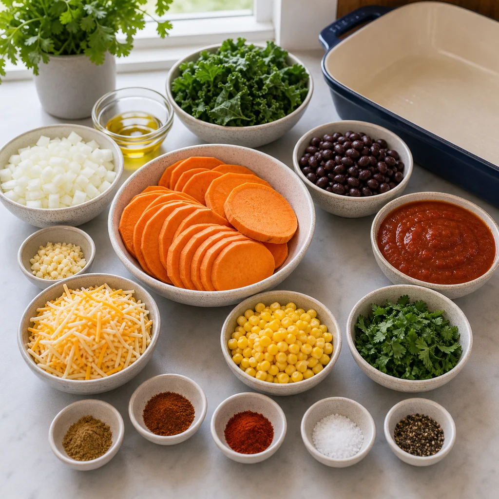 Ingredients for Vegetarian Sweet Potato and Kale Enchilada Casserole