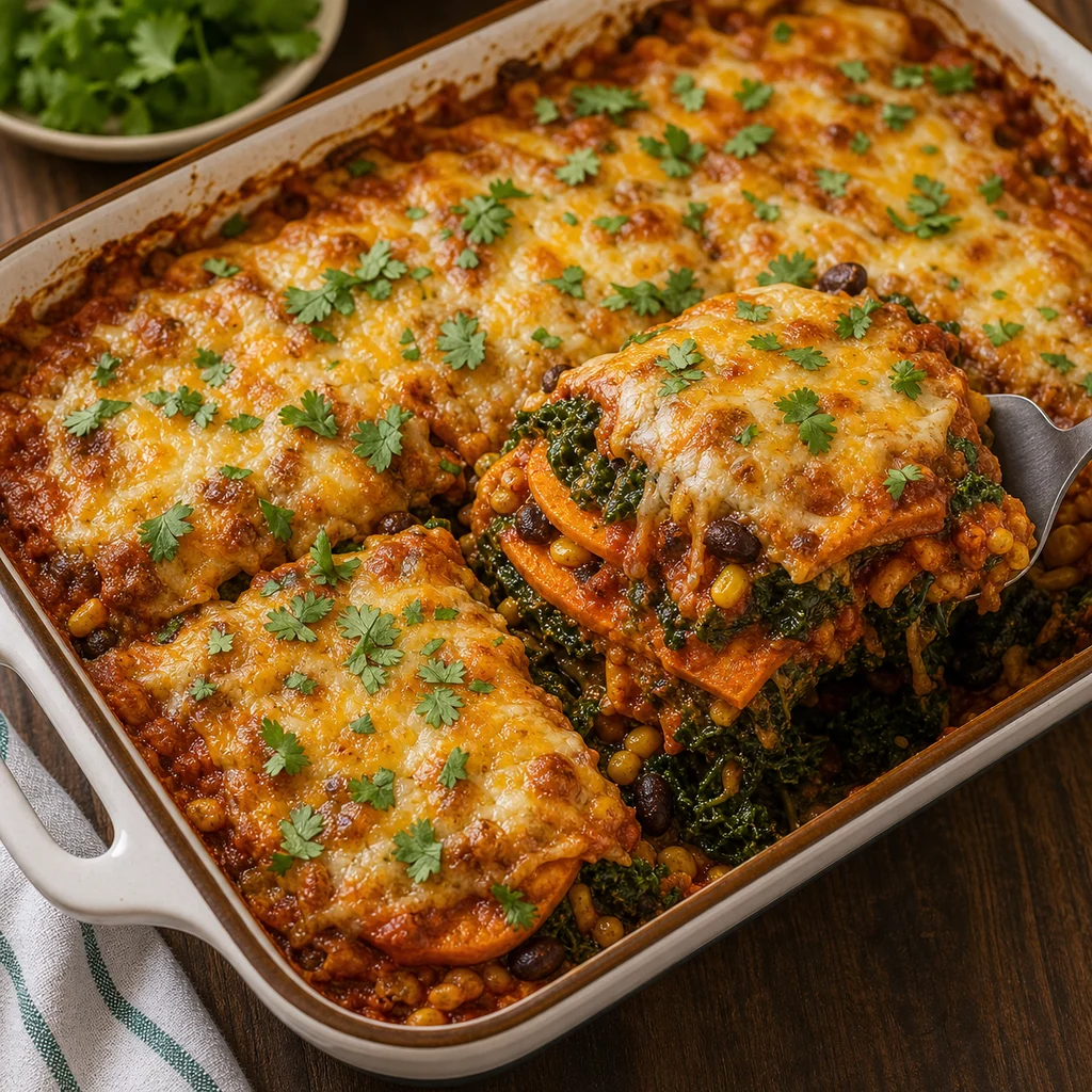 Vegetarian Sweet Potato and Kale Enchilada Casserole cooking in the recommended pan or pot