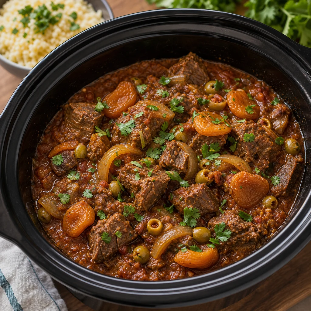 Slow Cooker Mediterranean Lamb Tagine with Apricots cooking in the recommended pan or pot