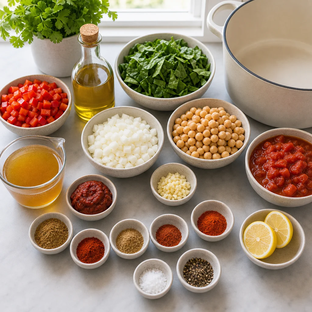 Ingredients for One-Pot Spicy Harissa Chickpea and Spinach Stew