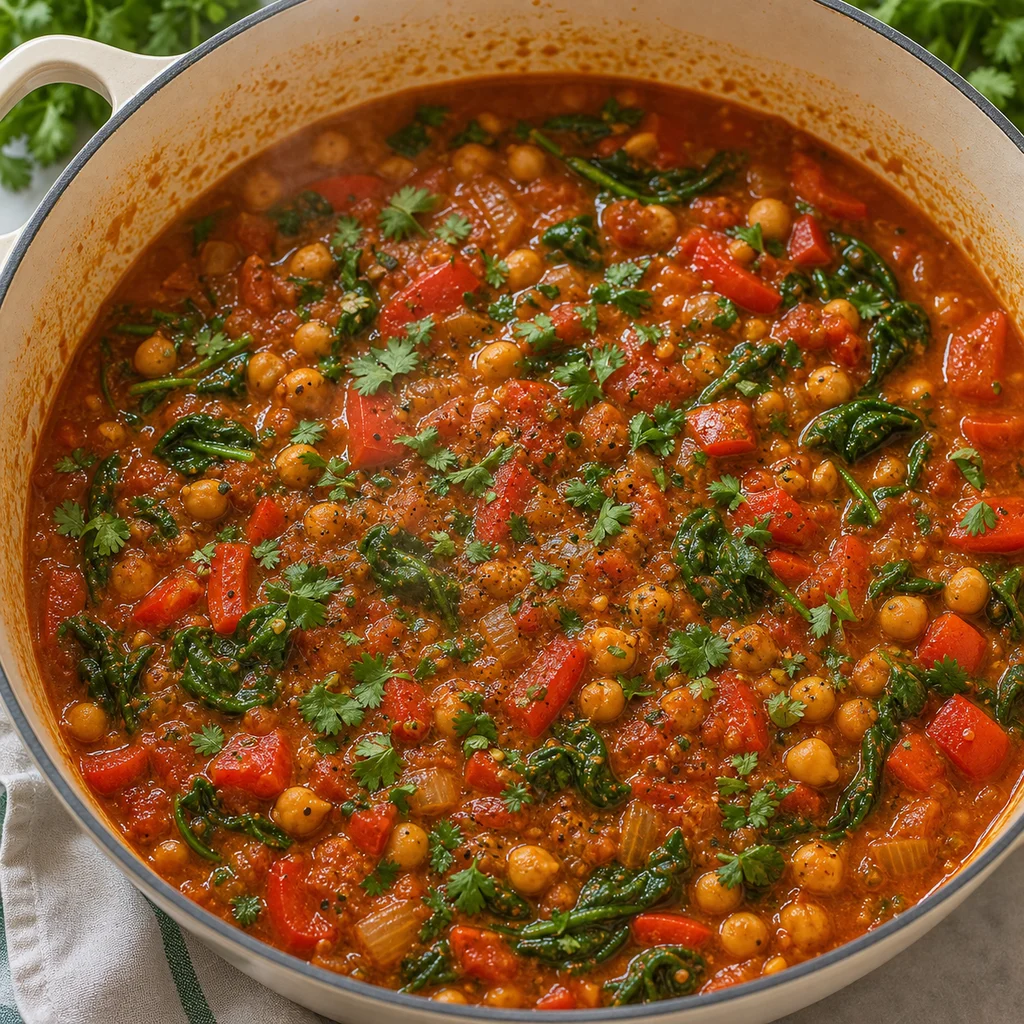One-Pot Spicy Harissa Chickpea and Spinach Stew cooking in the recommended pan or pot