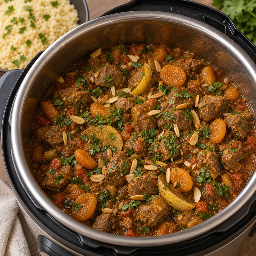 Instant Pot Moroccan Lamb and Apricot Tagine cooking in the recommended pan or pot